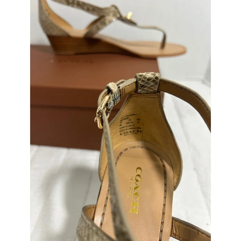 Coach G1144 Snakeskin Embossed Leather Wedge Thong Sandals Mens 8B Natural Gold